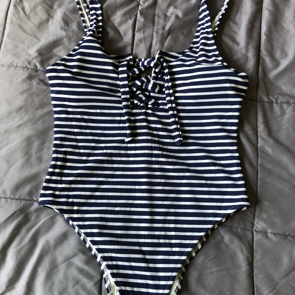 One piece navy and white striped